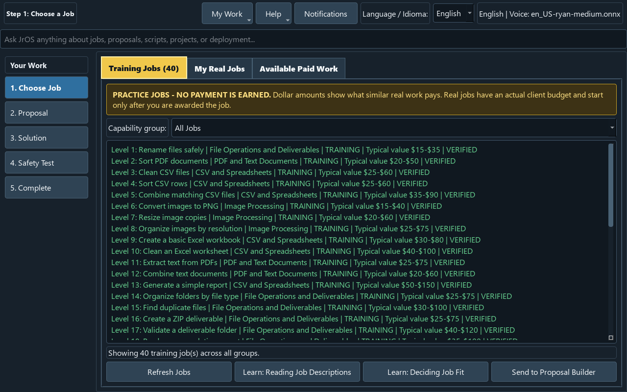 Workbench, step 1: the list of 40 training jobs, each labeled TRAINING with a typical real-world value range, with tabs for Training Jobs, My Real Jobs and Available Paid Work.